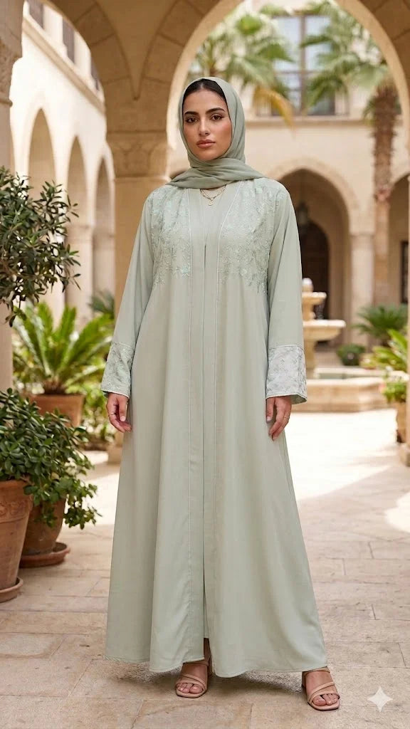 LAVENDER FLORAL EMBROIDERED FRONT OPEN ABAYA