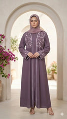 LAVENDER FLORAL EMBROIDERED FRONT OPEN ABAYA