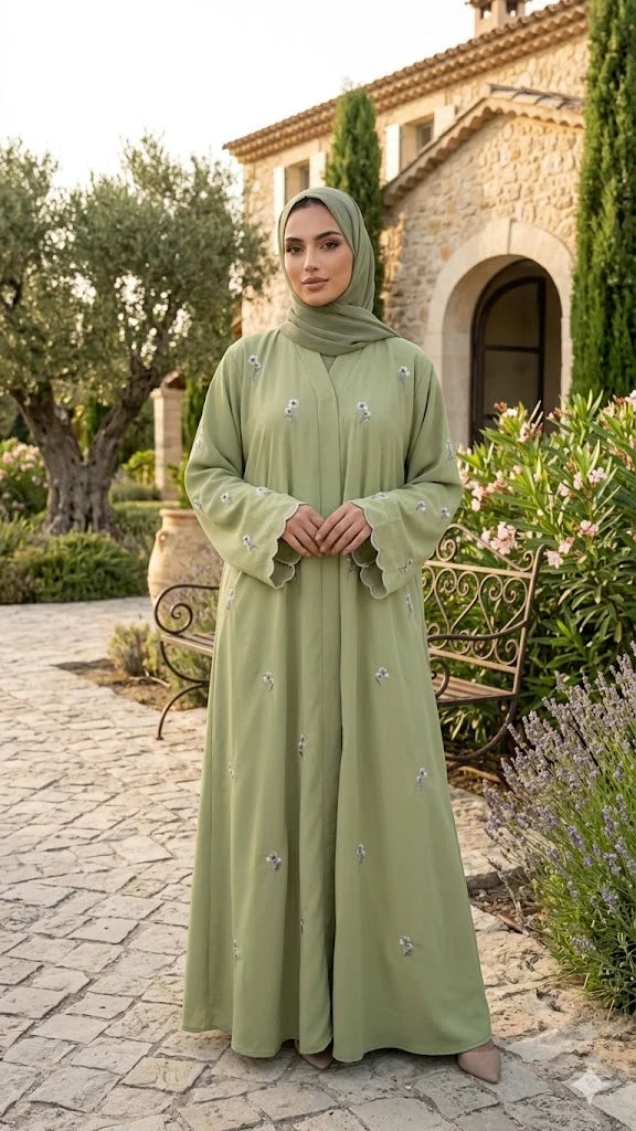 PREMIUM U.A.E STYLE + EMROIDERY LEASER WORK SLEEVES ABAYA SET