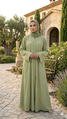 PREMIUM U.A.E STYLE + EMROIDERY LEASER WORK SLEEVES ABAYA SET